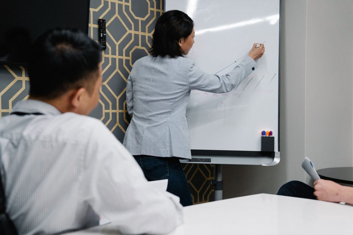 Equipo de oficina revisando el diagrama de un flujo de trabajo en una pizarra